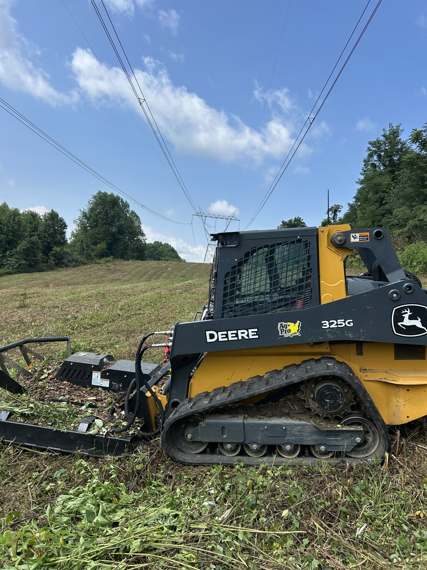 Compact track loader clearing brush and overgrowth